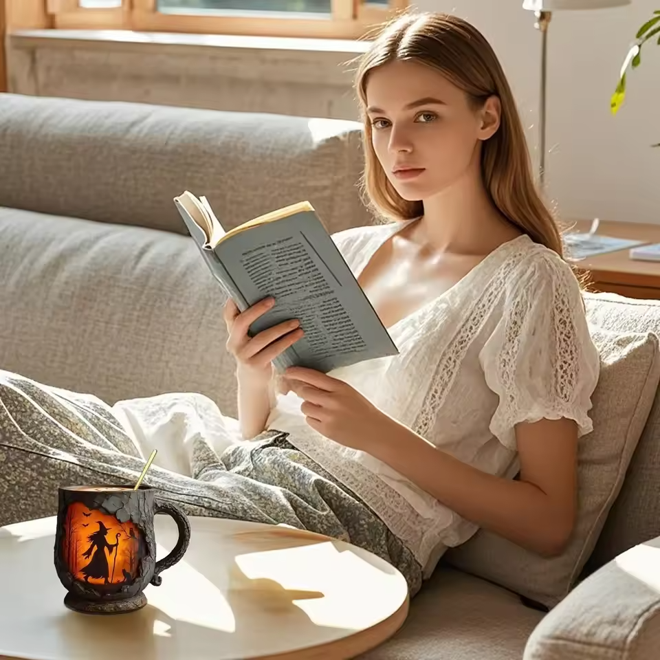 Χειροποίητη κούπα Halloween 3D – με σχέδιο μάγισσας και γάτας