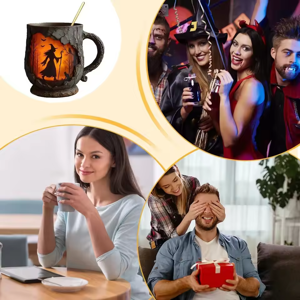 Χειροποίητη κούπα Halloween 3D – με σχέδιο μάγισσας και γάτας